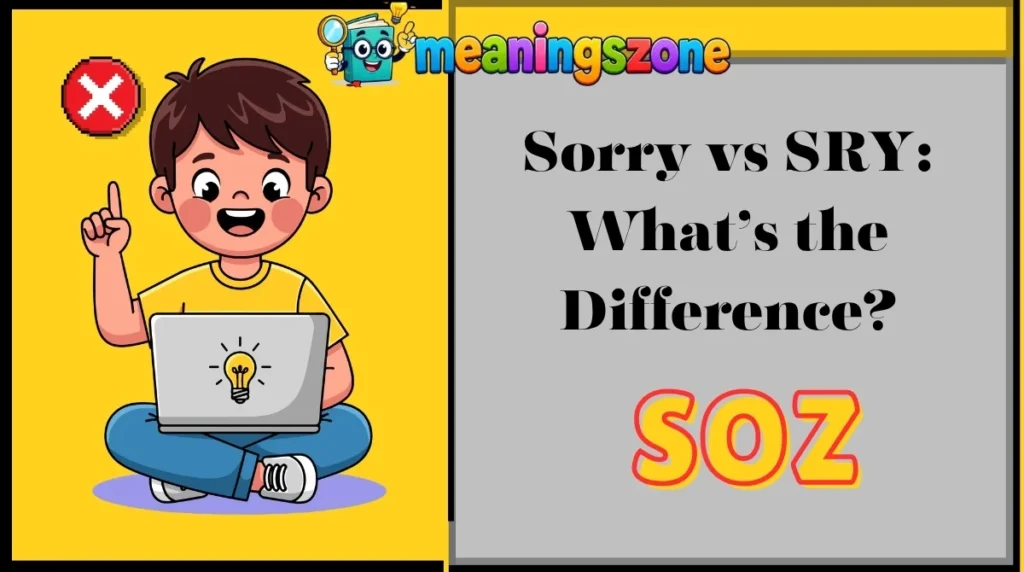 SOZ vs Sorry vs SRY: What’s the Difference?SOZ, sorry, and SRY all express an apology, but they have different levels of formality and tone.Term	Meaning	Tone	Best Used For
SOZ	Sorry	Casual, playful	Friends, DMs, group chats
Sorry	Apology	Neutral, sincere	Almost any conversation
SRY	Sorry	Very casual, abbreviated	Quick texts and gaming chatsFor example:SOZ: Soz, I missed your message. 😅
Sorry: Sorry, I missed your message.
SRY: Sry, missed your message.If you want your apology to sound more sincere, “sorry” is usually the better choice. SOZ works well for lighthearted mistakes, while SRY is mainly useful when you want to type a very quick apology.